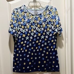 Talbots Navy Floral Short Sleeve Tee with Blue, White & Yellow Flowers